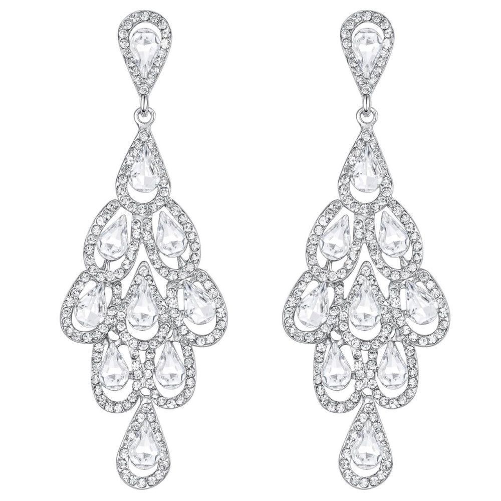 Silver with White Diamond Crystal Chandelier Statement Drop Post Back Earrings